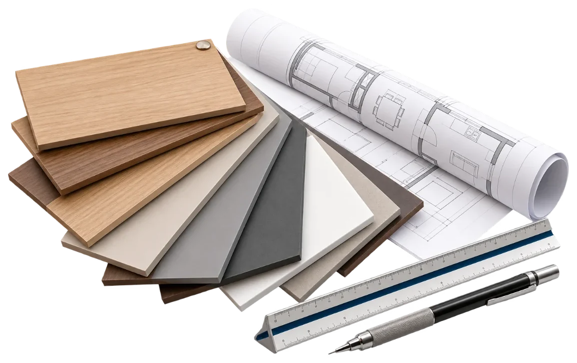 Mesa de projeto com planta, amostras de padrões de MDF e materiais
